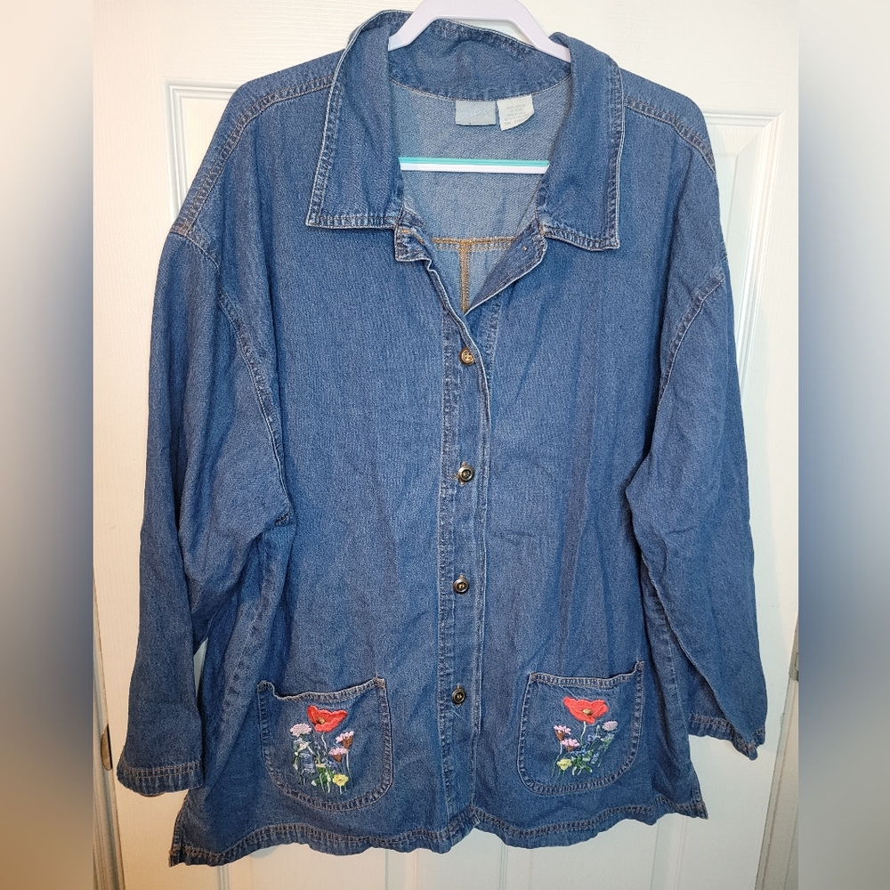 Blair 3x Womans Plus Jean Jacket 100% Cotton Embroidered Floral Spring